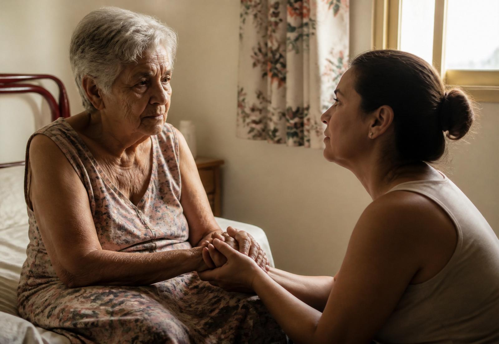 Cuidadora segurando as mãos de uma senhora idosa em um momento de escuta