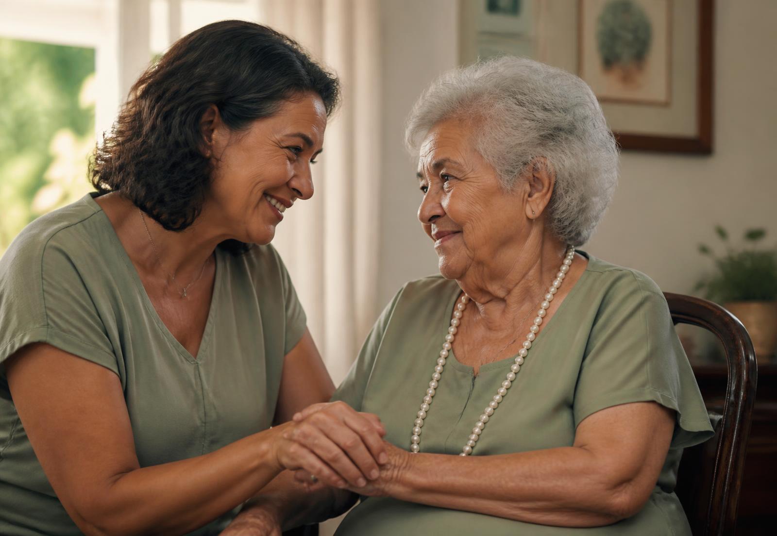 Cuidadora segurando as mãos de uma senhora idosa em um momento de afeto e conexão
